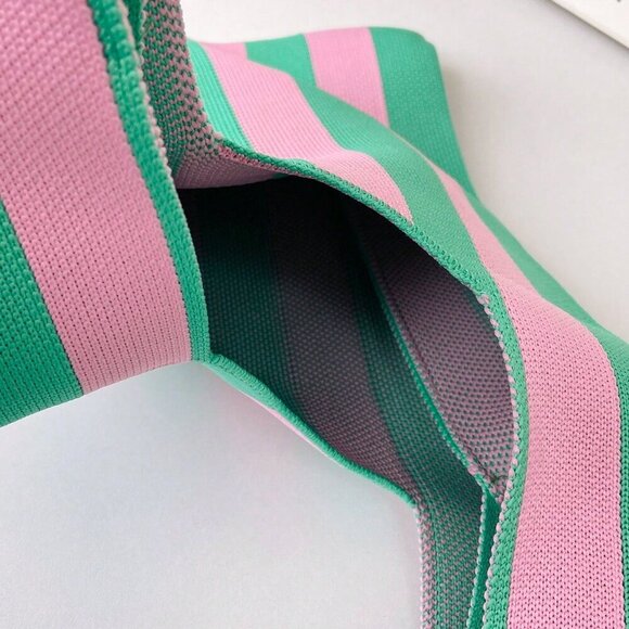 Pink Casual Women's Duke Crochet Stripe Pattern Lattice Handheld Bag - Picture 10 of 10